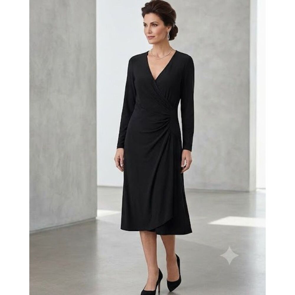 Chico’s Travelers Classic Black Draped Ruched V-Neck Midi Dress Size 2 / Large